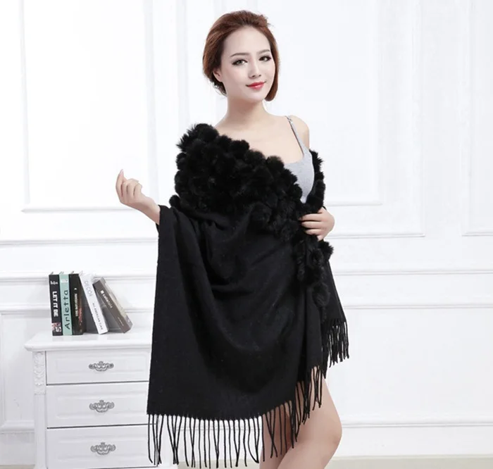 20 Colors Triangle Real Rabbit Fur Ball Shawl Wraps Winter Women Cashmere Tassel Cape Pompon Cloak Lady Mum Gift Casaco Feminino