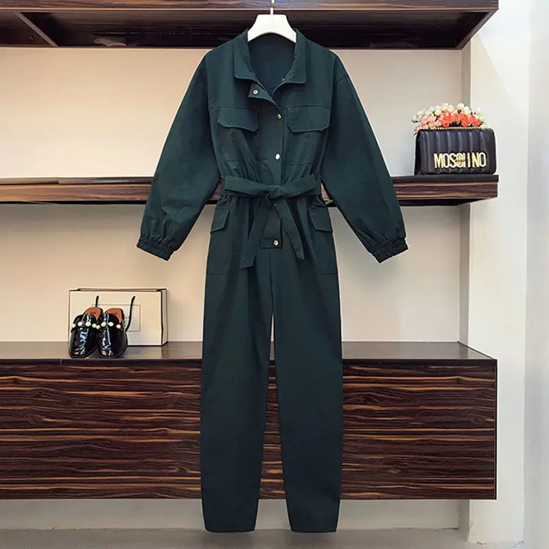 New Jumpsuit Womens Clothing 2023 New Fashion Dark Green Pants Spring Autumn Female Overalls Rompers 5XL aq643