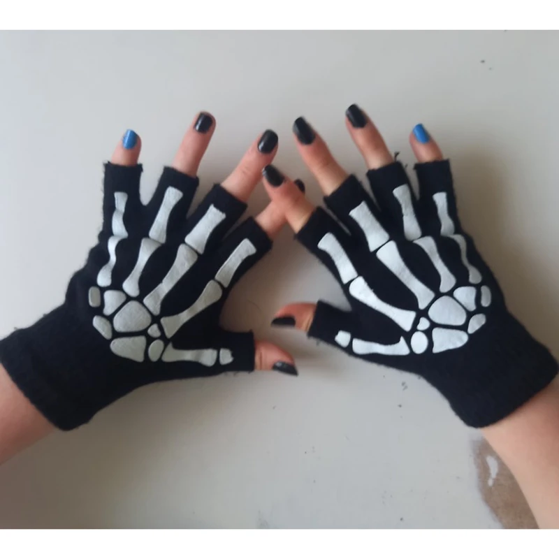 Neue Punk-Handschuhe, Unisex, Halloween, Skelett, Totenkopf, Halbfinger-Handschuhe, leuchtet im Dunkeln, fingerlose Stretch-Strick-Winter-Fäustlinge