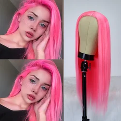 Pink Synthetic Hair Wigs Natural Red Pink Mixed Long Straight Hair Heat Resistant Synthetic Lace Wigs for Fashion Women