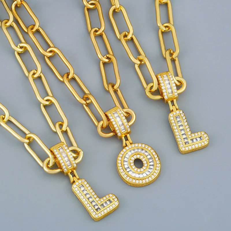 FLOLA Chunky Gold Plated Curb Chain Initial Necklaces For Women Copper Zircon A-Z Alphabet Necklace Hip Hop Punk Jewelry nkes02