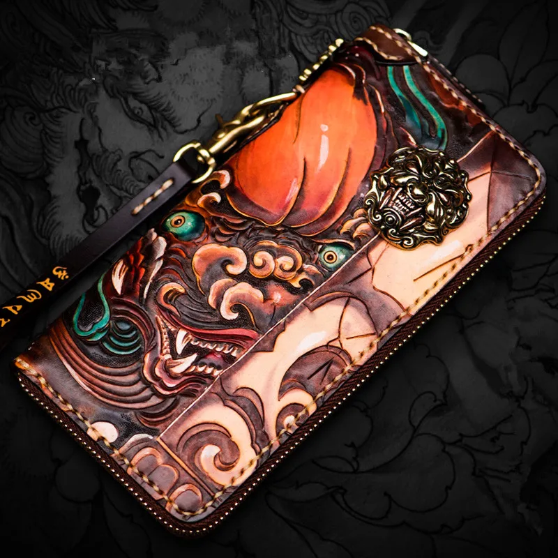 

Handmade Wallets Hand Carving Lion Zipper Purses Women Men Long Clutch Vegetable Tanned Leather Wallet Card Holder