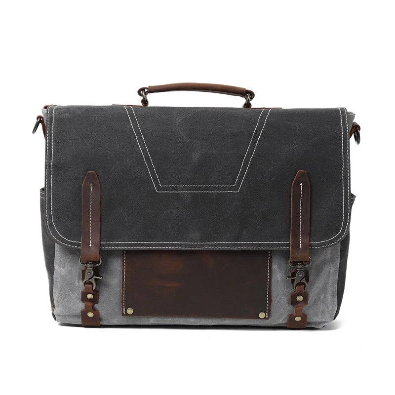 

Waterproof Canvas Men Briefcase Shoulder Bag Leather Men Working Laptop Bag Vintage Style Large Capacity Man Hand Laptop Bag