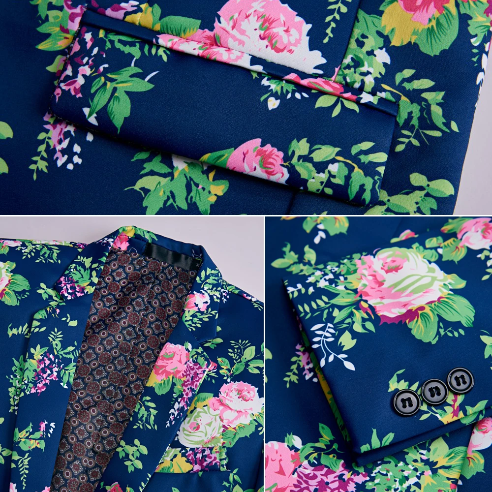 New Design Men\'s Pink Floral suits Stage Singer Wedding Groom Tuxedo Costume Men\'s Blue Wedding Suit High Quality Prom Dress
