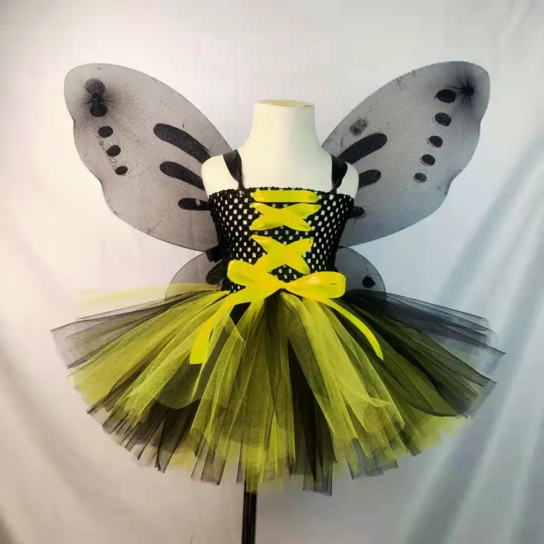 Girls black Butterfly Fairy Tutu Dress Kids Crochet Tulle Dress with Ribbon and Wing Set Children Birthday Party Costume Dresse