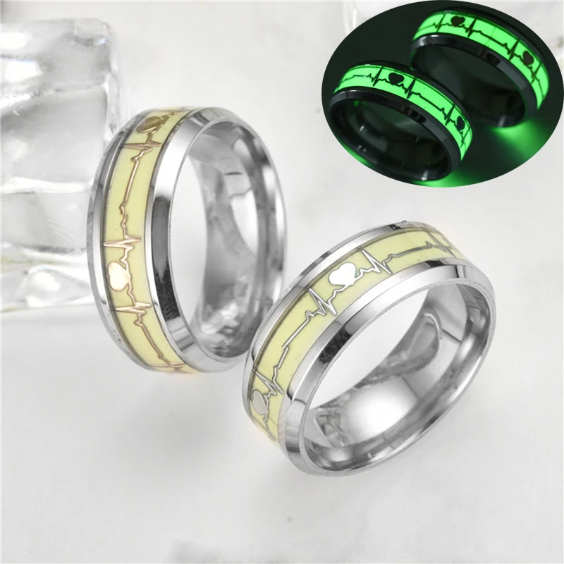8MM Glow in The Dark Fingerring für Männer Frauen Paar Herzschlag Graph Edelstahl Band Ringe Mode leuchtender Schmuck Geschenk