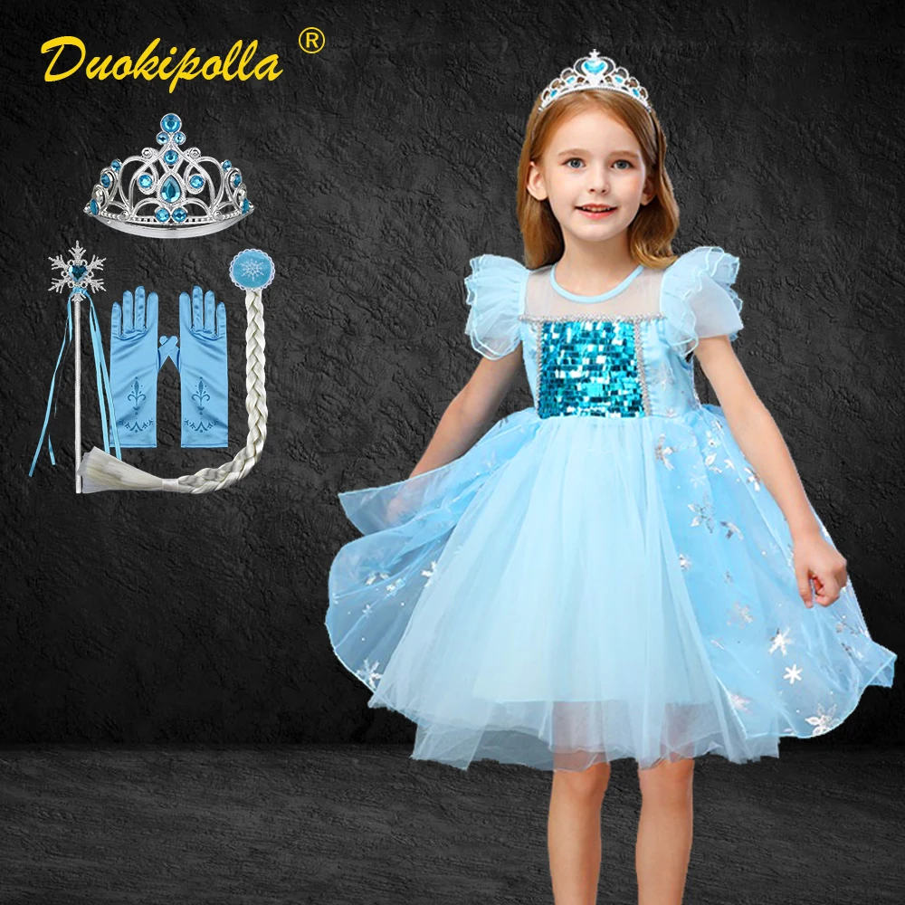 

1-12Y Snow Queen Dress Up Baby Girl Light Blue Elsa Anna Dress Halloween Cosplay Costume Summer Sequined Tulle Dress Elza Frocks