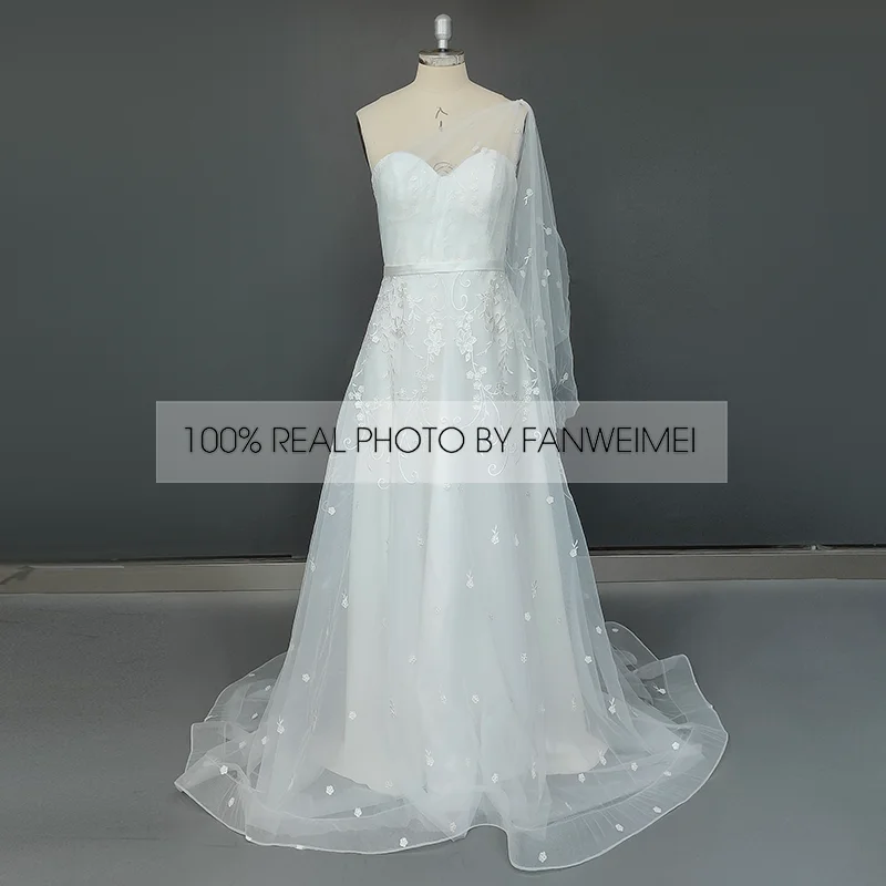 8138 # echt Fotos Eine Schulter Liebsten Open Back Tüll Sweep Zug Spitze Applique Hochzeit Kleid Hochzeit Brautkleid