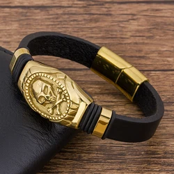 TYO Fashion Charm Stainless Steel Magnet Braided Rope Leather Men Bracelet Skull Rock Bangle Vintage Retro Hip Hop Jewelry