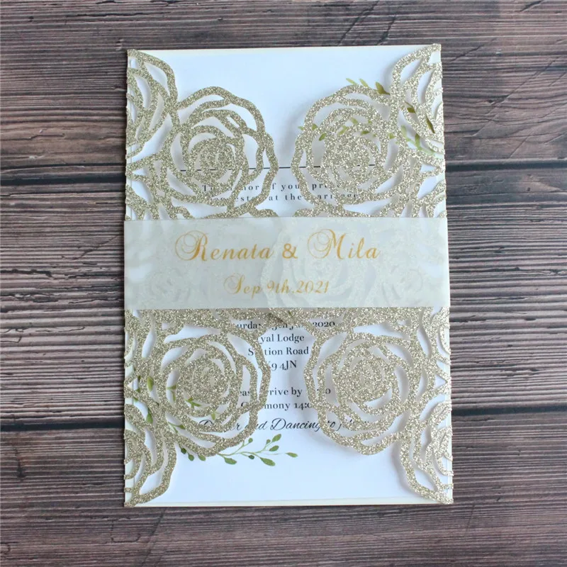 

Glitter rose wedding invitations post card mothers fathers day gift card gold silver wedding cards