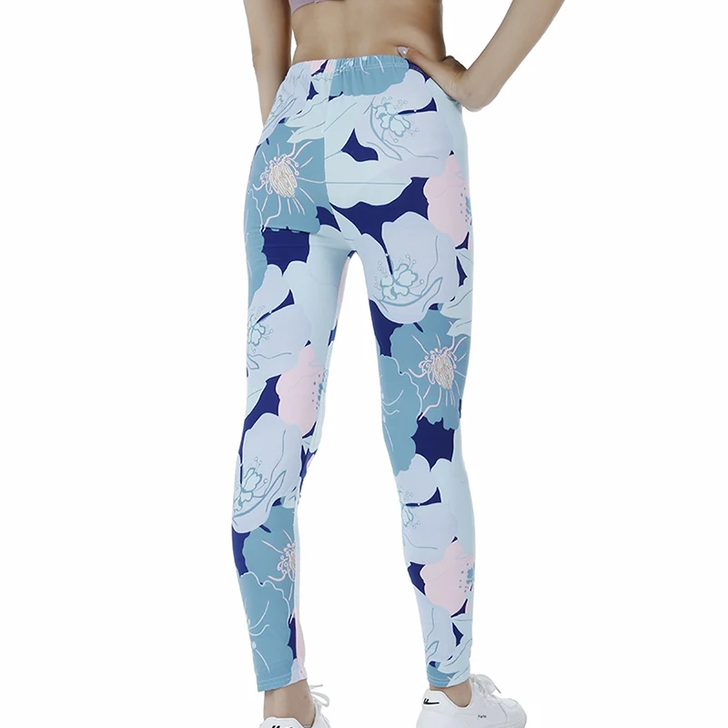 LJCUIYAO – Leggings de Sport pour femmes, vêtements de Sport, Push-Up, taille haute, bleu, imprimé Floral, longueur cheville, livraison directe