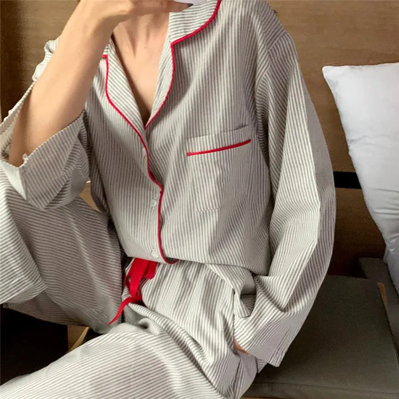 Autumn Loose Striped Pajamas Women\'s Pinstriped Lace Up Pants Long Sleeve Top Casual Cotton Japanese Style Pajamas 2pcs