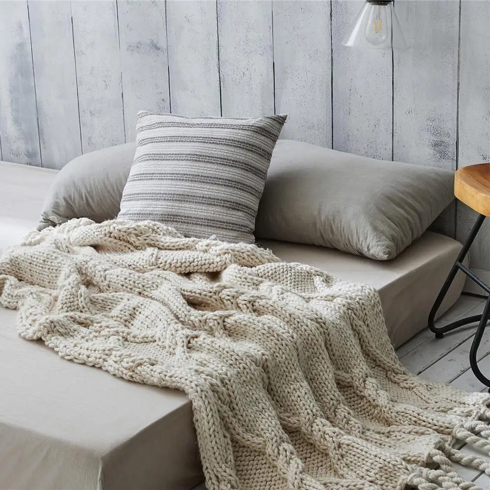 REGINA Chunky Knit Blanket Beige Soft Tassel Plaid Weight Blankets For Bed Home Decorative Sofa Throws Industrial Style Tapestry