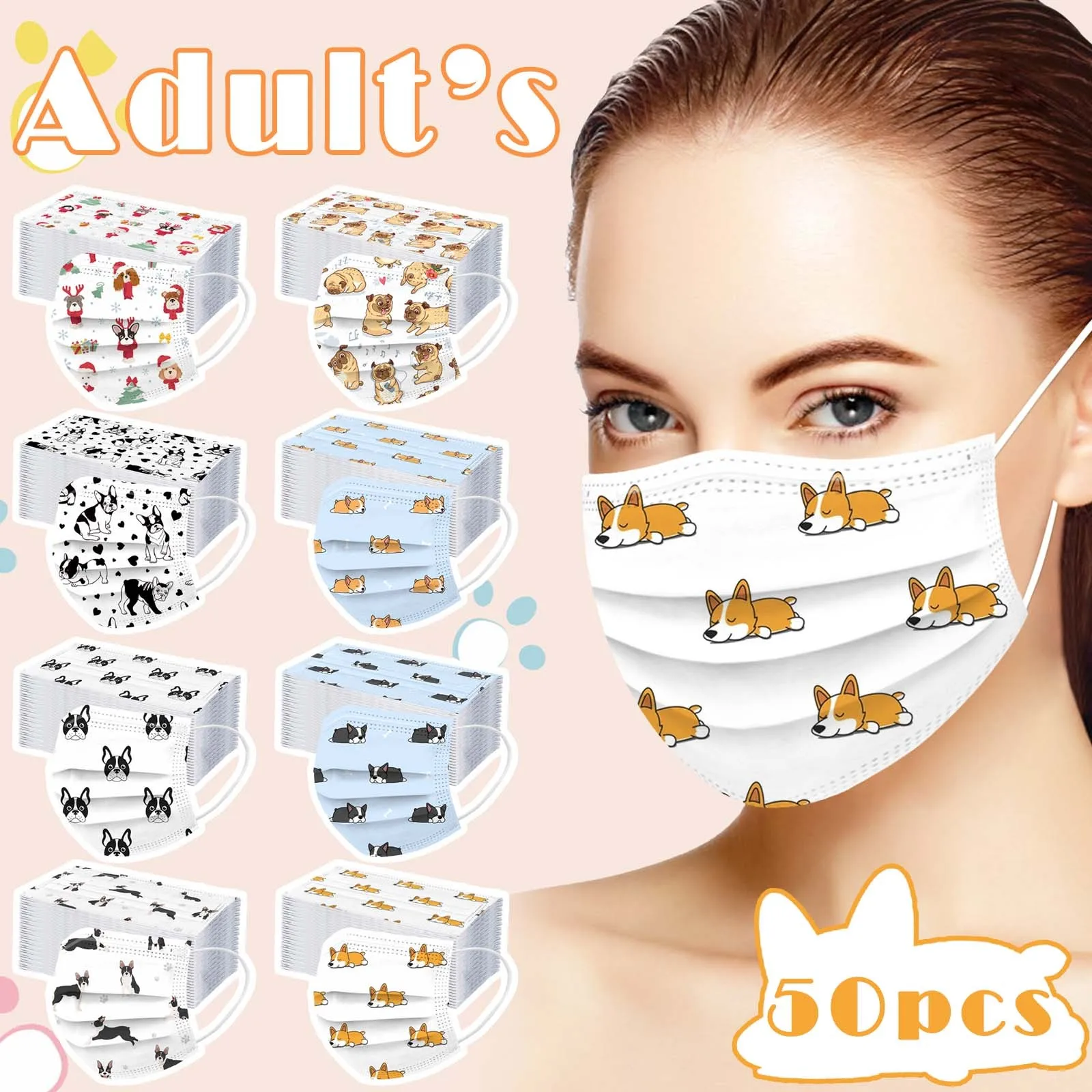 

50PCS Disposable Adults Masks cartoon Dog Print Face Mask 3 Ply Earloop Masks Mouth cover Mondmasker Halloween Cosplay facemask