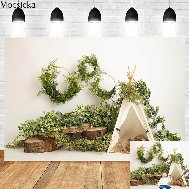 

Mocsicka Spring Photography Backdrops Baby Shower Photo Wallpaper Tent Green Leaf Decoration Child Birthday Photocall Background