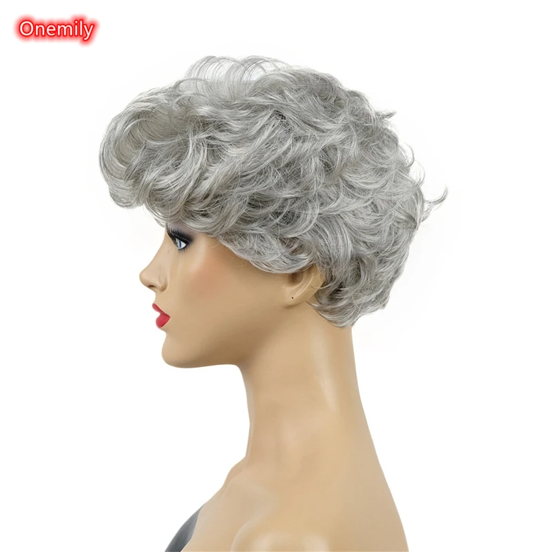 Onemily-Peluca de cabello Natural sintético para mujer, pelo ondulado corto con flequillo, color gris