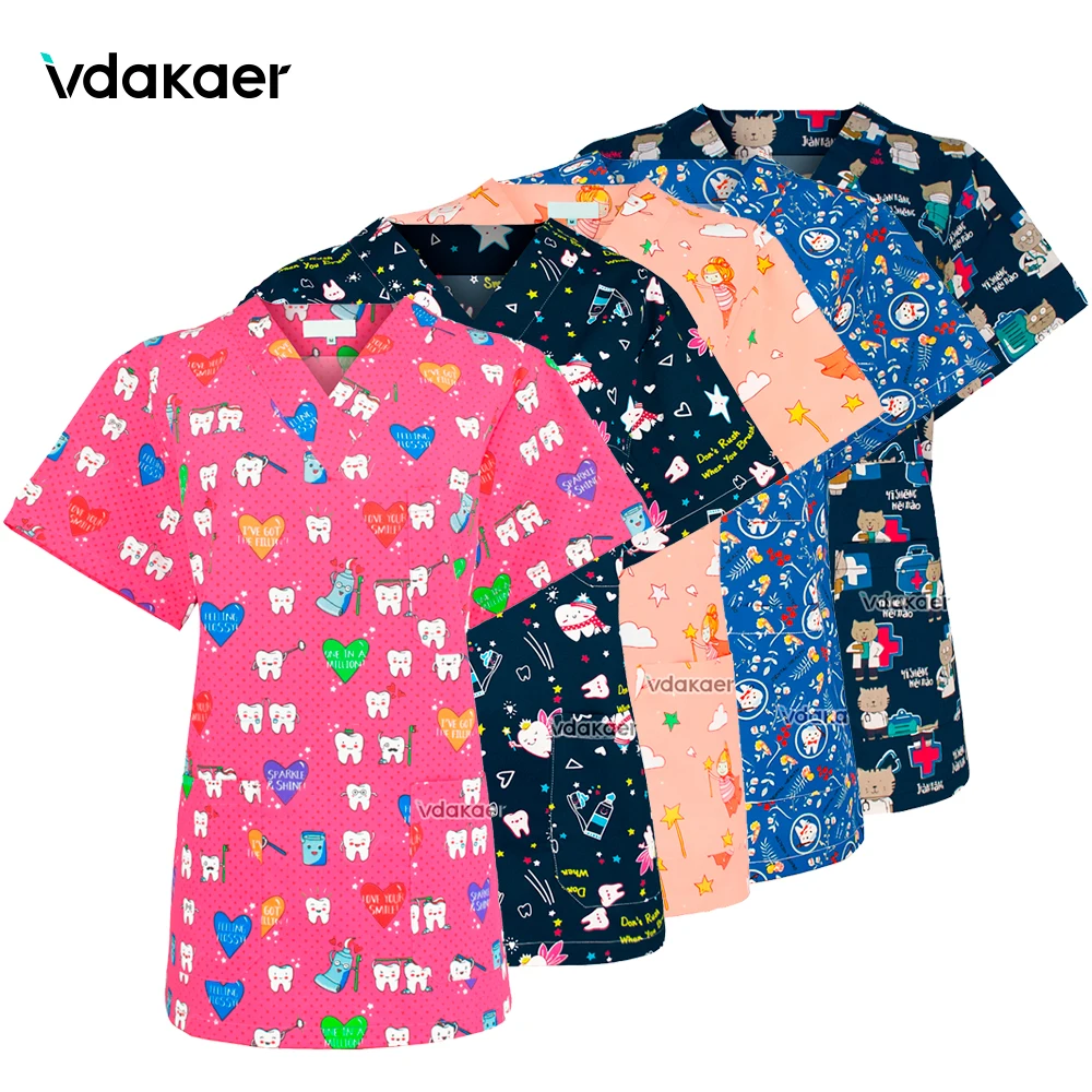 

new Tooth print tops stomatology hospital dentist medical overalls clinic nurse nursing scrub uniform tops laboratory scrub tops