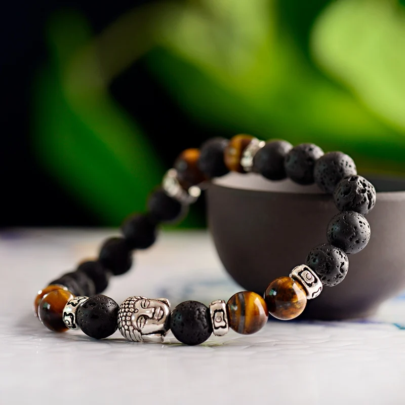 Classic Ethnic Buddhism Natural Stone Bracelet Men Bileklik Yoga Balance Tiger Eye Lava Beads Bracelet For Women Braclet Jewelry