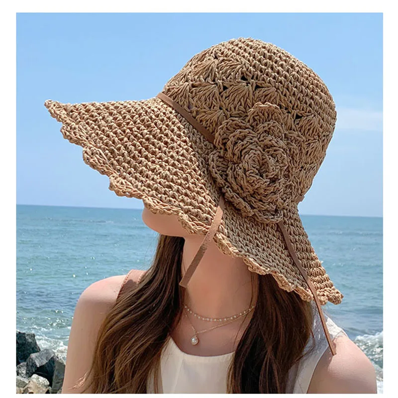 2021 FASHION Summer New Women\'s Sun Hat Bucket cap beige lace Bowknot Flowers Ribbon Flat top Panama soft Straw Hat Beach Caps