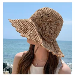 2021 FASHION Summer New Women's Sun Hat Bucket cap beige lace Bowknot Flowers Ribbon Flat top Panama soft Straw Hat Beach Caps