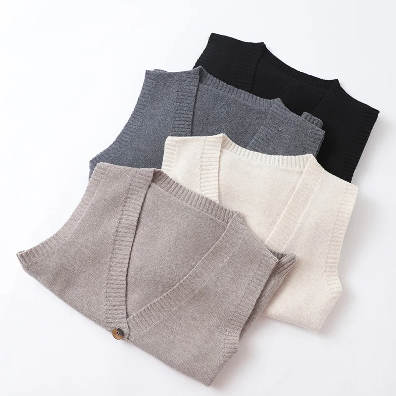 New Hot Sale Women 100% Wool V-Neck Cardigans Vest Sleeveless Sweater Autumn Winter For Female Soft Outwear Solid Vest Tops