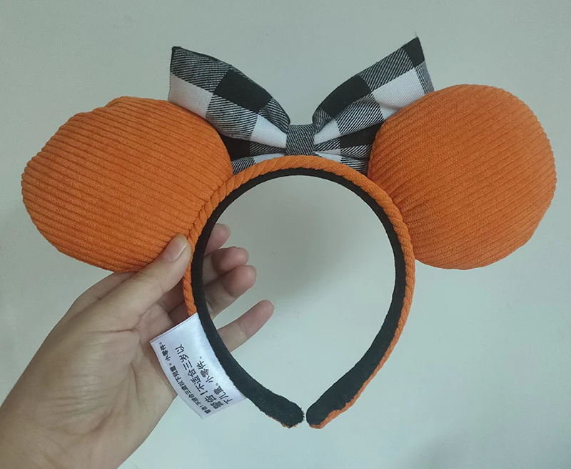 2021 Disney Parks Ears Headband Black White Check Orange Corduroy