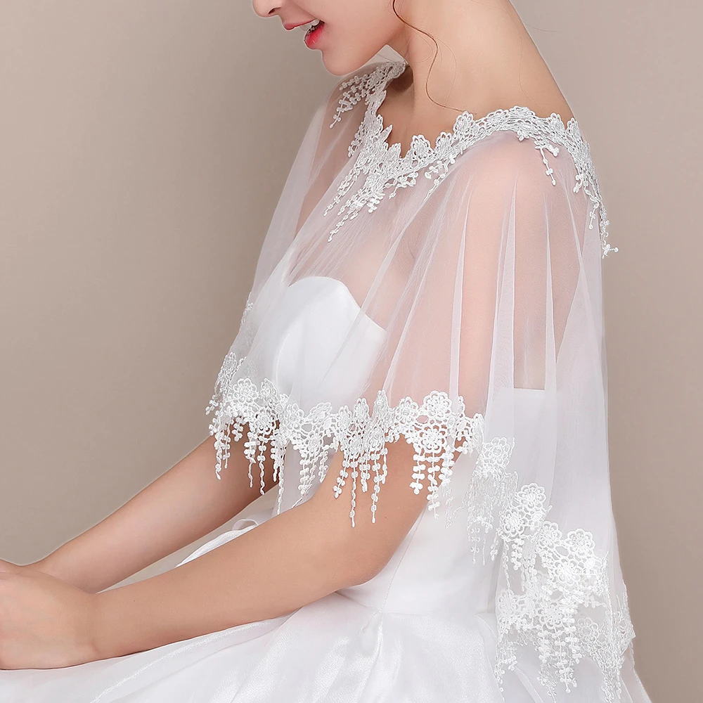 Mantello da sposa da donna con nappa avorio, o-collo, taglia libera, elegante, in tulle trasparente, con bordo in pizzo, accessorio per scialle da ballo