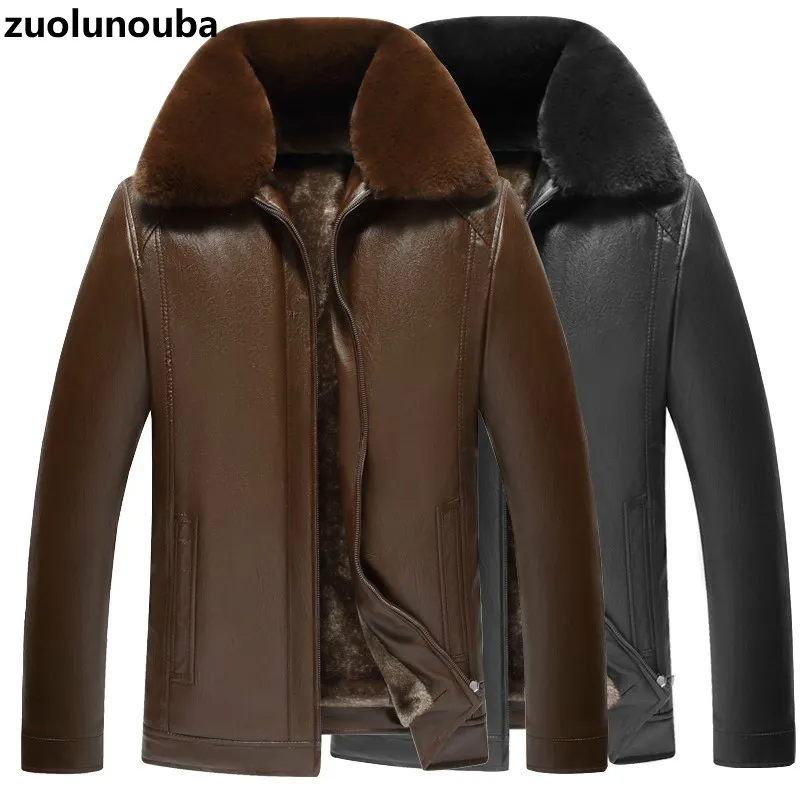 Winter Lapel Pu Leather Jacket Men Middle-aged And Elderly Leather Jacket Plus Velvet Warm Business Casual Man Zipper Coat