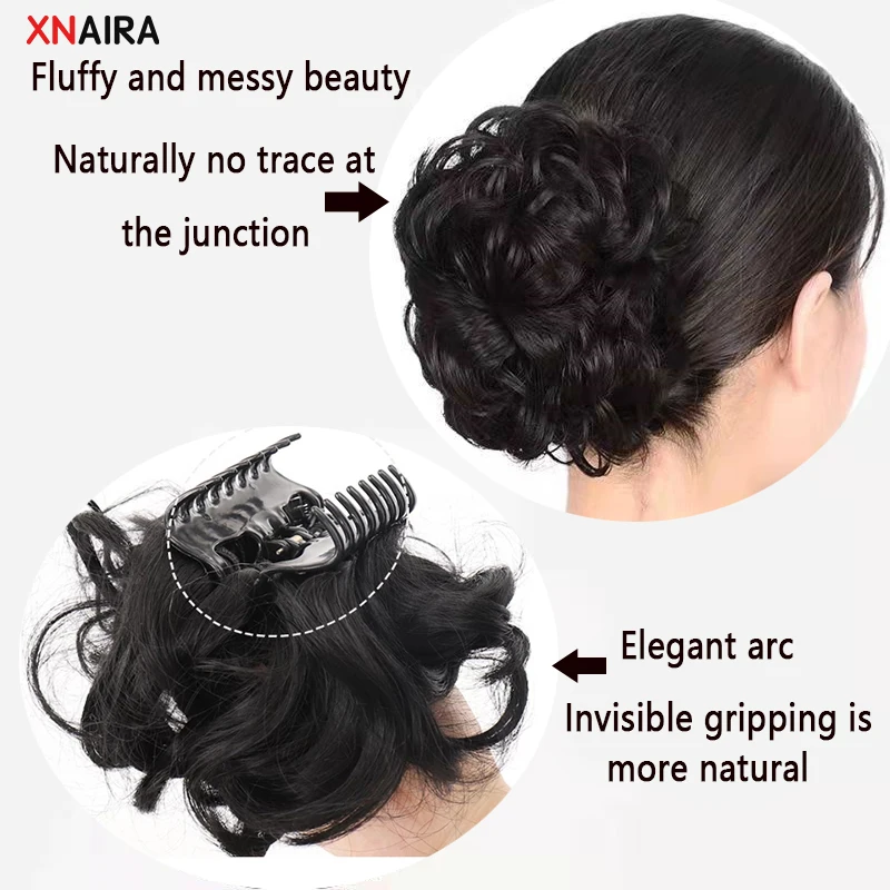 XNaira Synthetic Hair Bun Black Brown Wavy Messy Scrunchies Bun Claw Clip in Hair Extension Updos Hairpieces for Women Chignons