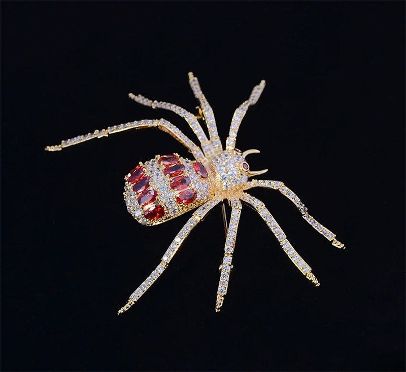 Luxury Red Spider Rhinestone Brooches for Women Men Fashion Shiny Cubic Zirconia Wedding Jewelry Decoration Insect Corsage Pins