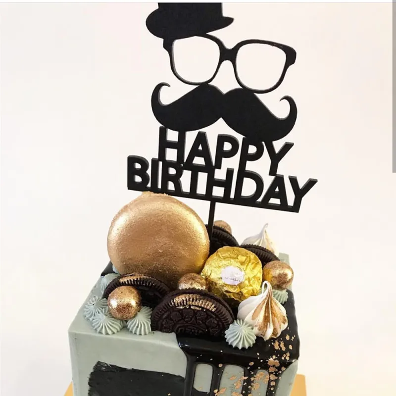 Creative Beard Happy Birthday Acrylic Cupcake Topper Black Birthday Cake Topper for Birthday  Anniversary Party Cake Decorations