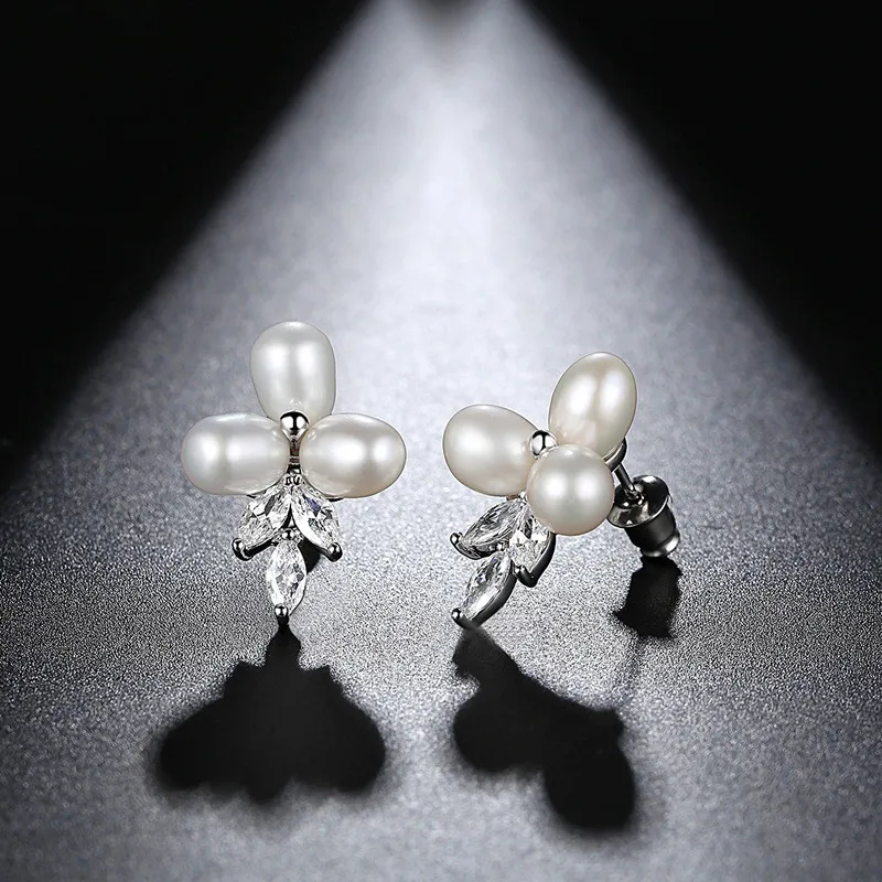 FXLRY Romantic Freshwater Pearl Bridal Flower Clear CZ Crystal Necklace Earrings Set For Women Jewelry