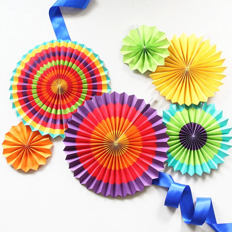 12pcs Fiesta Colorful Paper Fans Rosettes Party Fans Mexican Southwestern Pattern Paper Fans for Wedding Festival Carnival Party
