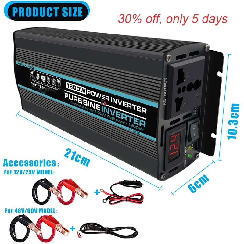 Reliable 800W LED Display Home Generator True Pure Sine Wave Solar Power Inverter Off Grid DC to AC 24V 120V Converter (Black)