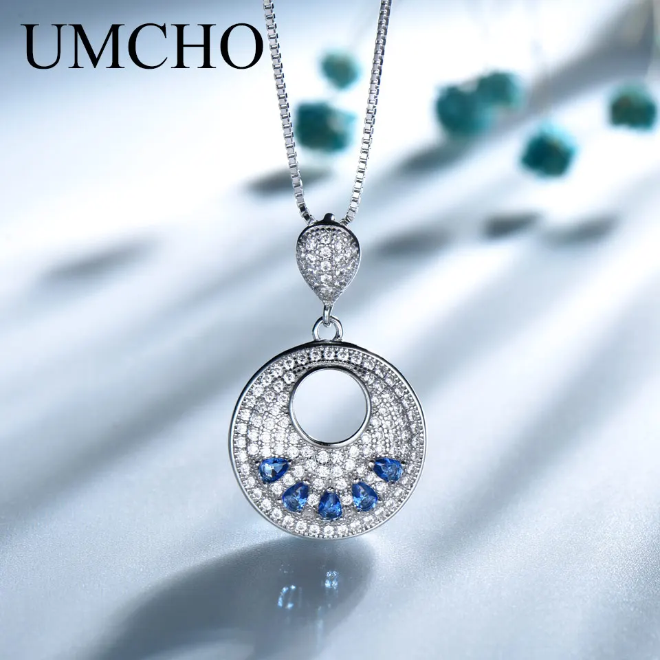 

UMCHO Elegant Blue 100% 925 Sterling Silver Round Gemstone Pendant Necklace For Women Party Birthday Girl Fashion Fine Jewelry