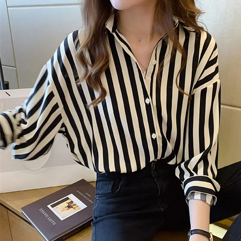 Spring Summer Korean Design Loose Striped Shirt Women\'s Thin Retro Long Sleeve Chiffon Blouse Button Cardigan Clothes Women