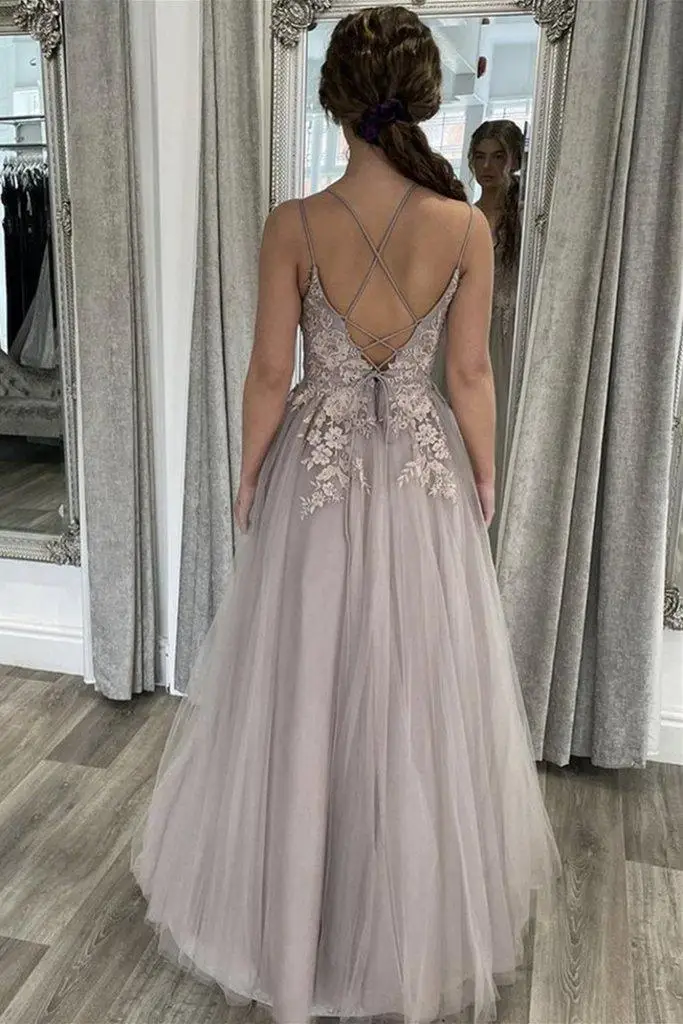 Light Grey Tulle Evening Dress with Lace Appliques Beads Double Spaghetti Straps A-line Long Prom Dresses for Formal Occasions