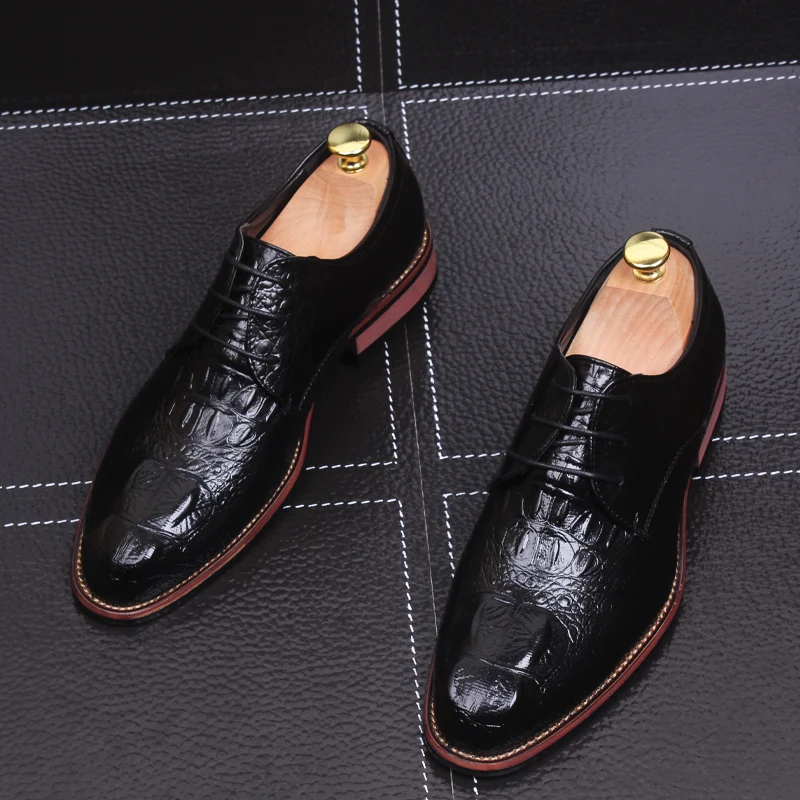 British style men's fashion party nightclub dresses genuine leather shoes alligator grain lace-up shoe breathable footwear mans