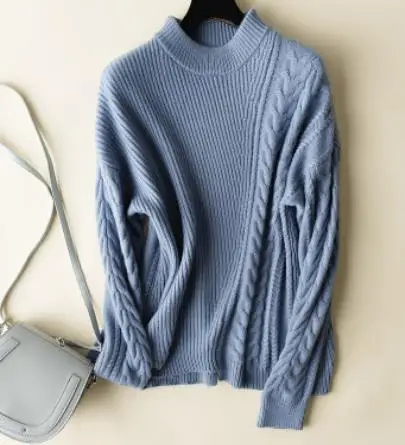 2020 Autumn winter women's new half-high collar cashmere sweater loose asymmetric twist short sweater female pullover