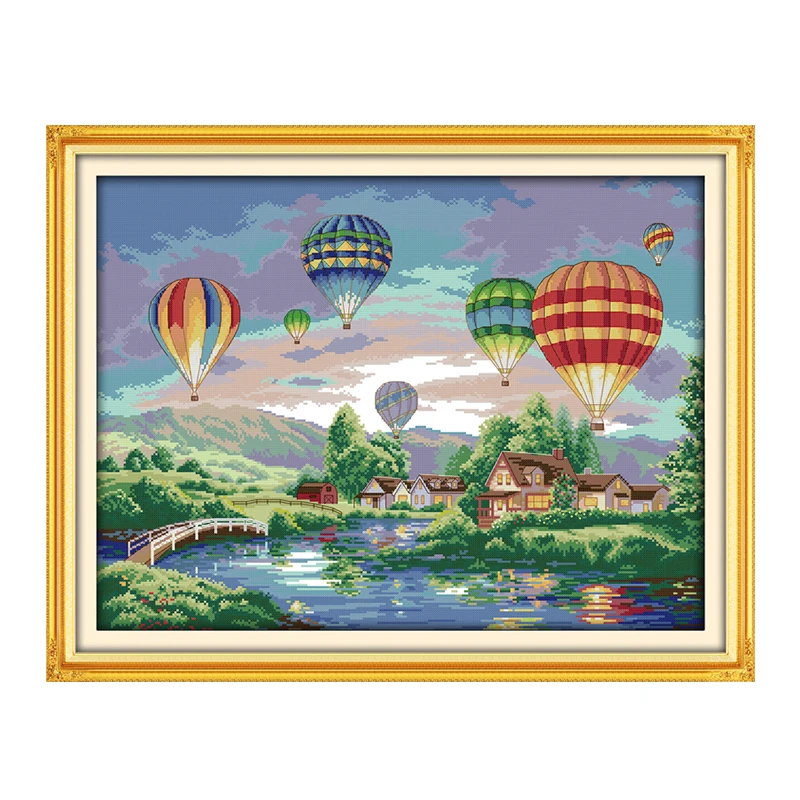 Joy Sunday Bright Hot Air Balloon Cross Stitch Embroidery Set Print and Count DMC Children DIY Needlework Set Home Decor Gift