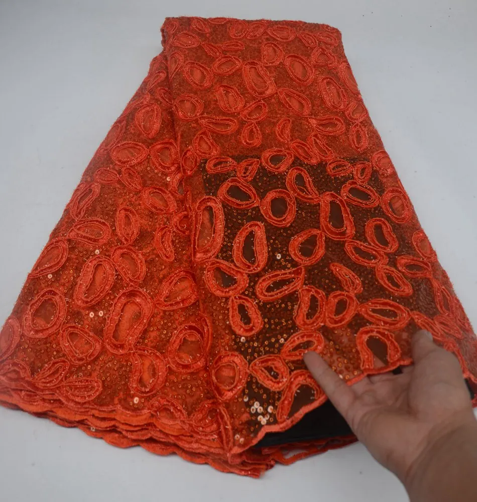 

5 yards orange wedding french lace very neat allover sequins embroidery African tulle lace fabric Nigerian celebration