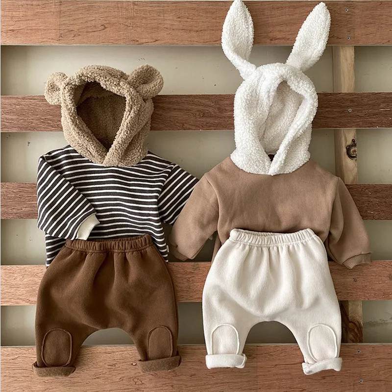 2024 Autumn Winter New Baby Plus Fleece Rabbit Ears Hoodies Children Girl Striped Long Sleeve Tops Kid Boy Cotton Bear T-shirt