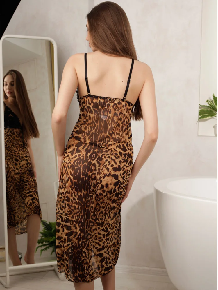 Sexy Leopard Sleepwear Mesh Nightgown Lace Trim Sleepshirts V Neck Nightdress Comfortable Nightgown Lace Pijamas for women