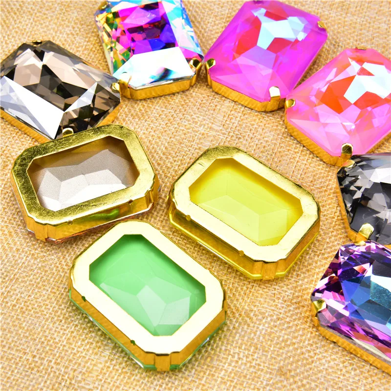 High-Quality Diamond Big Size 38*50Mm Rectangle Glass Stone Gold Base Sew On Crystal Rhinestones Apparel Accessories Diy Wedding