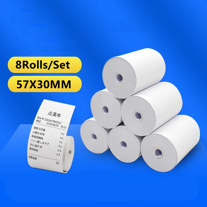 Papel térmico para tienda, supermercado, farmacia, móvil, Bluetooth, POS, ordenador, cajas registradoras, accesorios de impresora, 57x30mm, 8 rollos