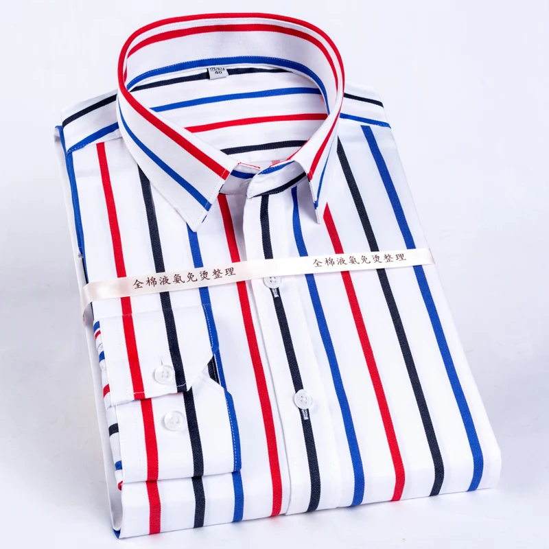 Men\'s Color Block Striped Wrinkle-Resistant Dress Shirt Long-Sleeve Standard-fit Hidden Button Collar Casual Pure Cotton Shirts