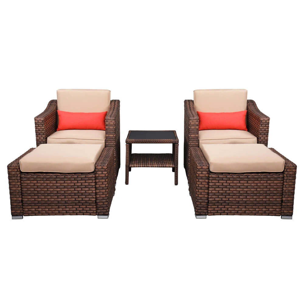 

US Warehouse Wide Rattan Double Contiguous Rattan Five-Piece Suit 2 Single 2 Pedals 1 Double Coffee Table Outdoor Furniture Set