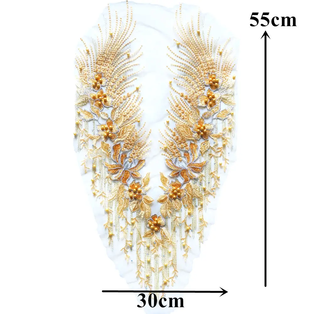 Yellow Lace Fabric Flower Tassel Beads Rhinestone Embroidered Gown Appliques Trims Collar Mesh Sew Patch For Wedding Decoration