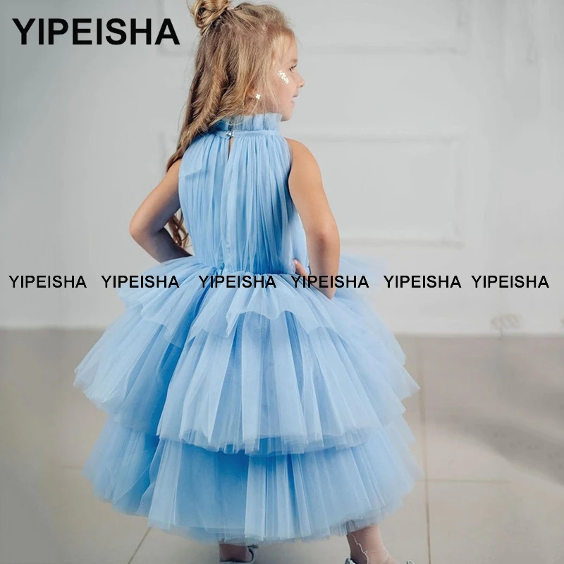 Yipeisha Sky Blau Blume Mädchen Kleider für Hochzeit Kleine Mädchen Pageant Kleid Tiered Rock Kleinkind Cupcake Erste Kommunion Kleid