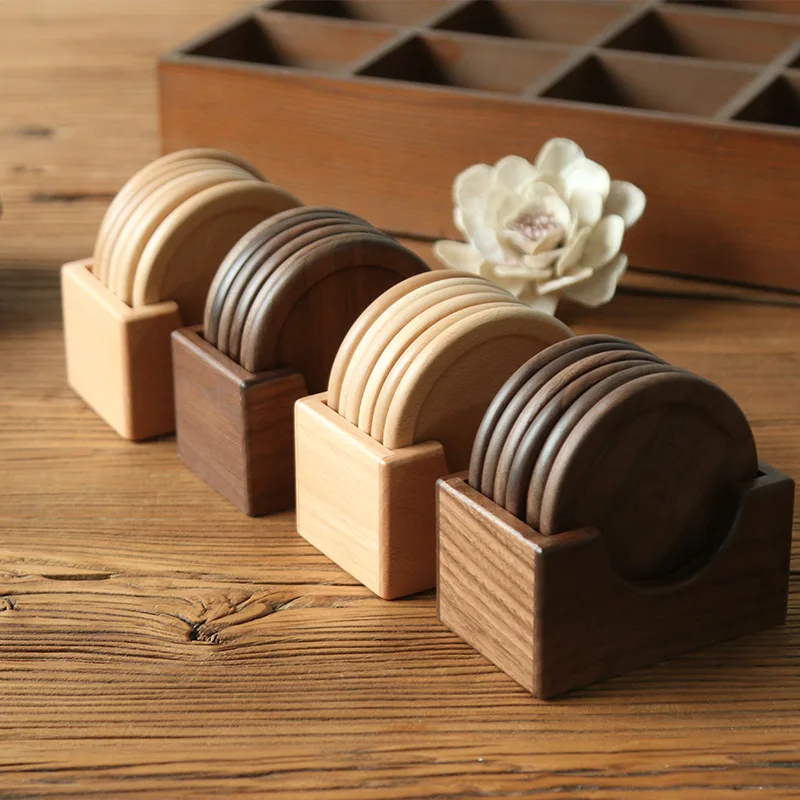 

Type I Wooden Coasters Set Black Walnut Solid Wood Round Table Mat Heat Insulation Pad 6 Pieces Box Bottom Holder